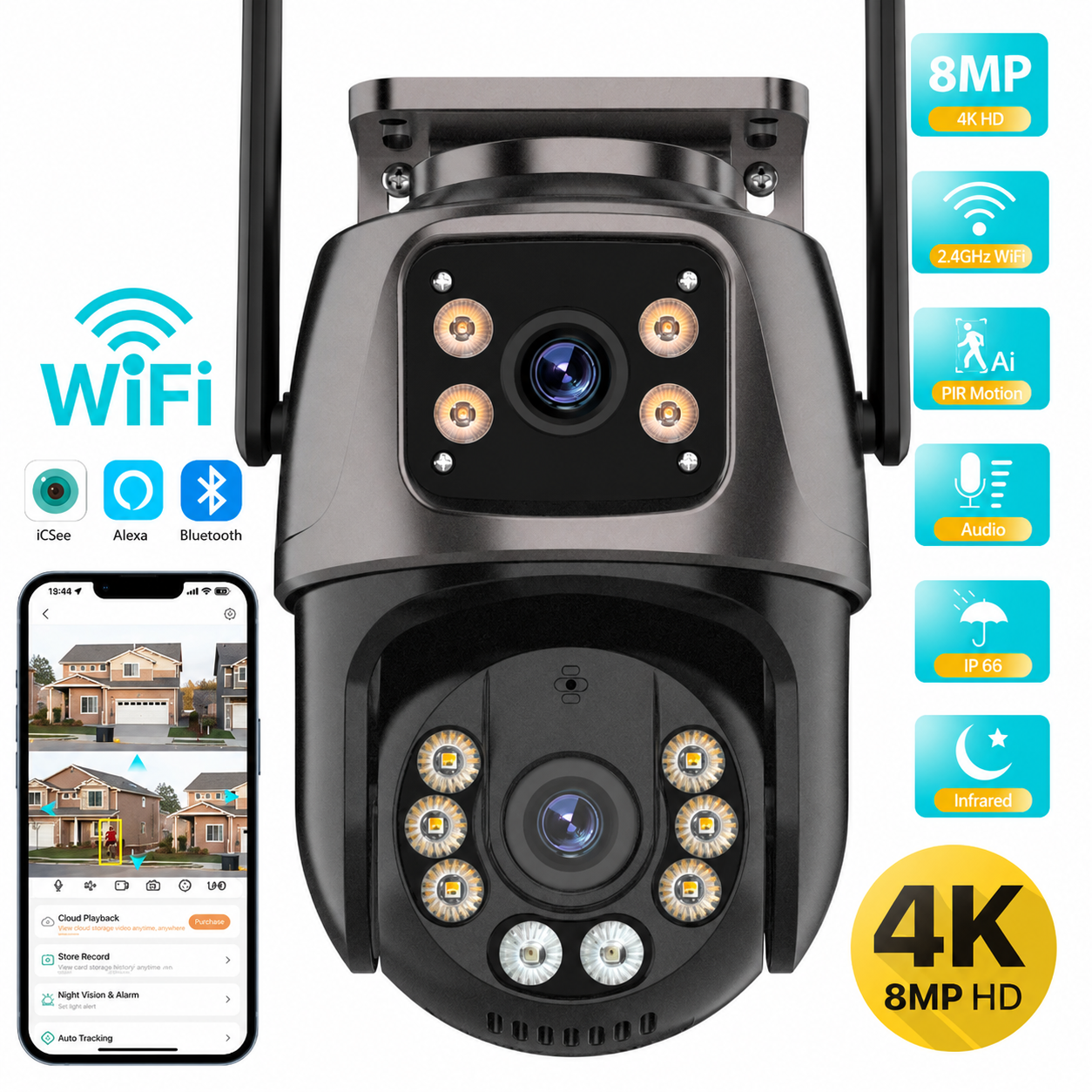 Caméra Surveillance WiFi 8MP Double Objectif – Vision Nocturne & Suivi IA