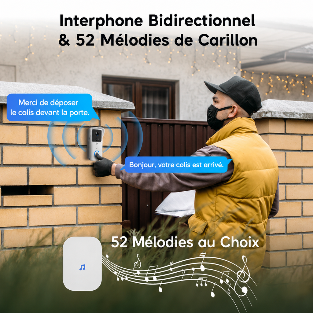 Sonnette Vidéo Connectée Intelligente 1080P – WiFi, Vision Nocturne & Détection PIR