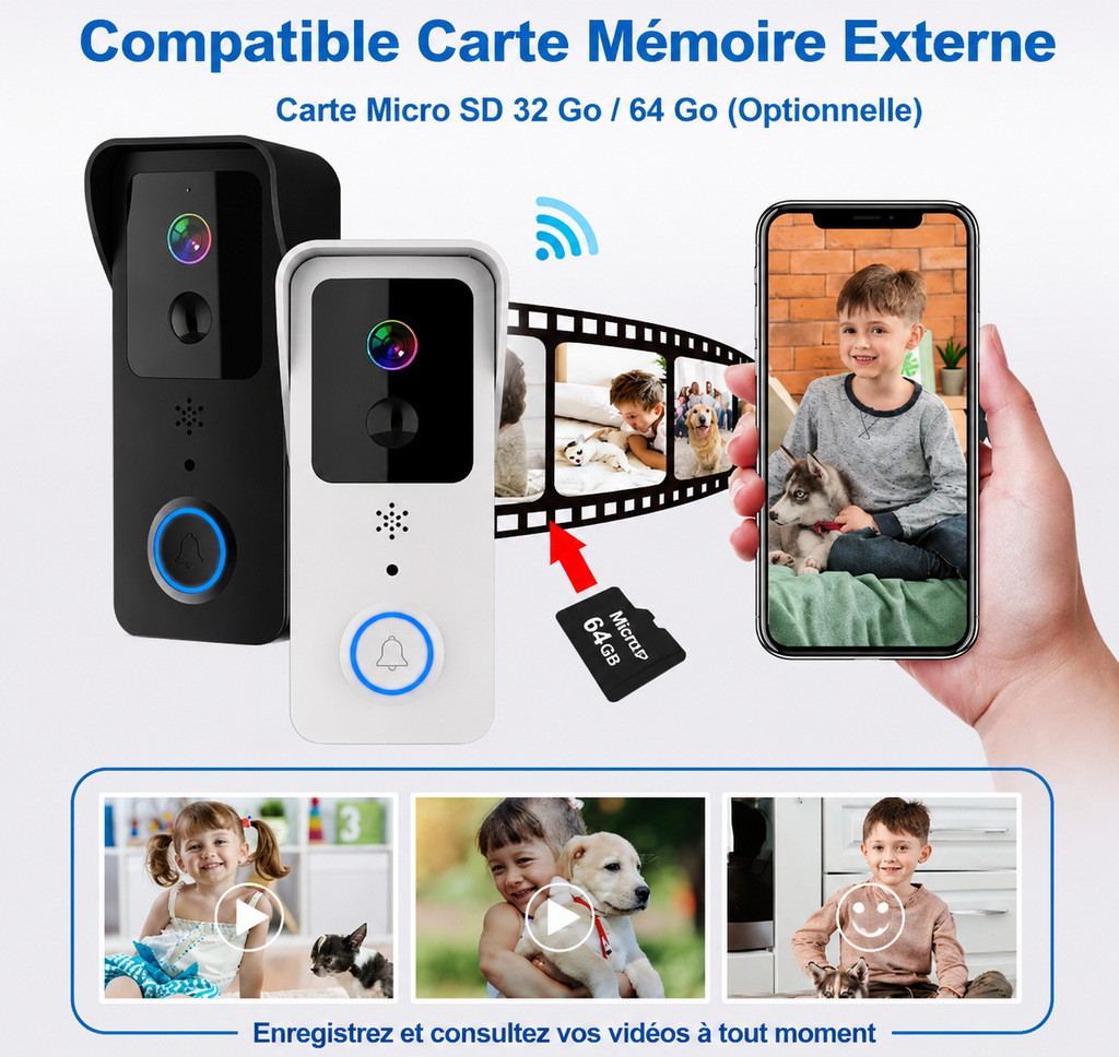 Sonnette Vidéo Connectée Intelligente 1080P – WiFi, Vision Nocturne & Détection PIR