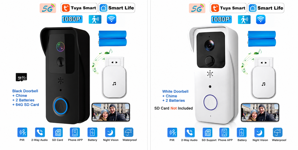 Sonnette Vidéo Connectée Intelligente 1080P – WiFi, Vision Nocturne & Détection PIR